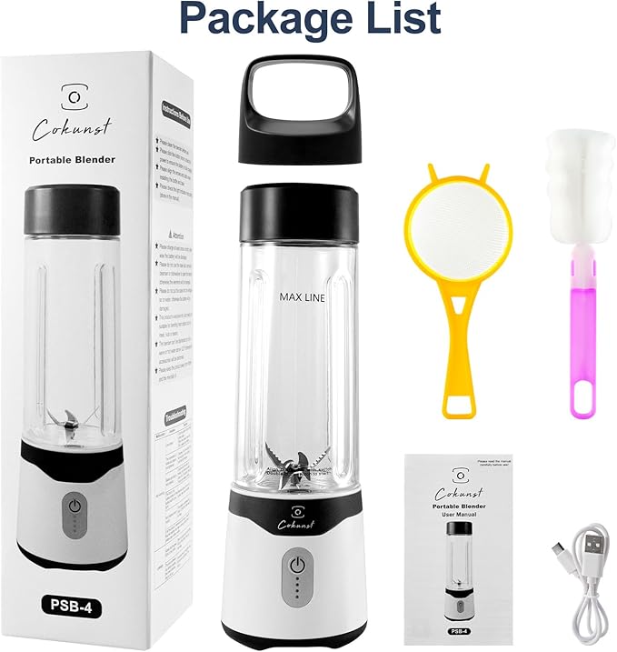 COKUNST Portable Blender, USB Rechargeable Personal Size Blenders, Smoothie Blender with 6 Blades for Protein & Shakes, Mini juicer with Extra Handle Lid for Travel Sports Outgoing, 18oz, Matte Back