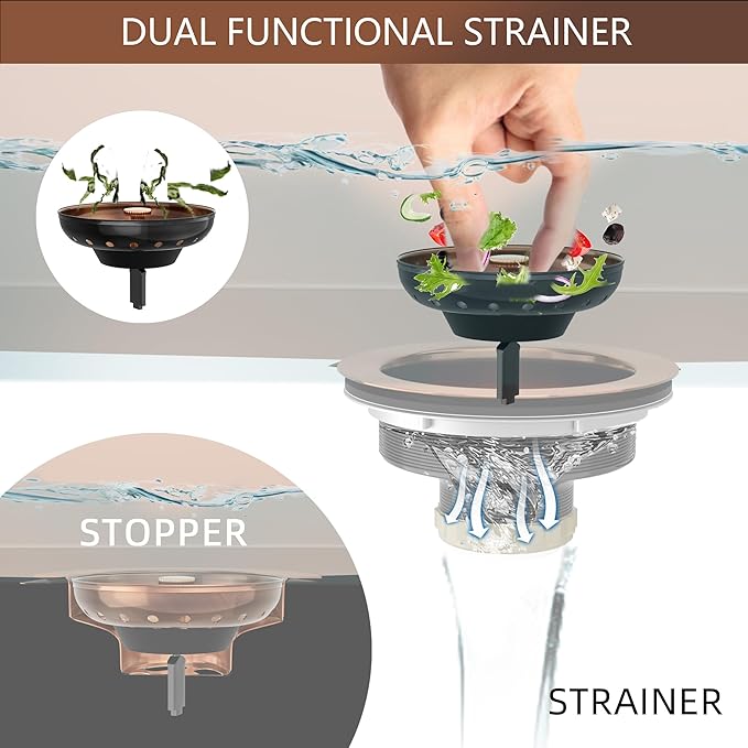 Kitchen Sink Drain Copper 3-1/2 Inch Stainless Steel Kitchen Drain Strainer Assembly Kit with Strainer Basket and Drain Stopper for Standard Sink Drains Antique Copper