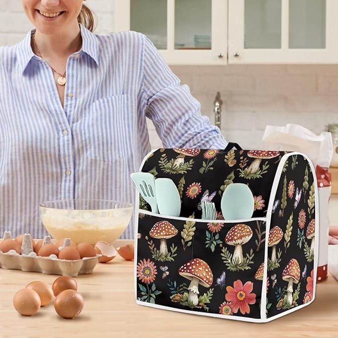 Daisy Mushroom Butterfly Stand Mixer Cover Anti Fingerprint Kitchen Appliance Covers with Top Handle & Storage Pocket Easy-Clean Oil-Resistant Dust Protector for 6-8 Quart Mixers
