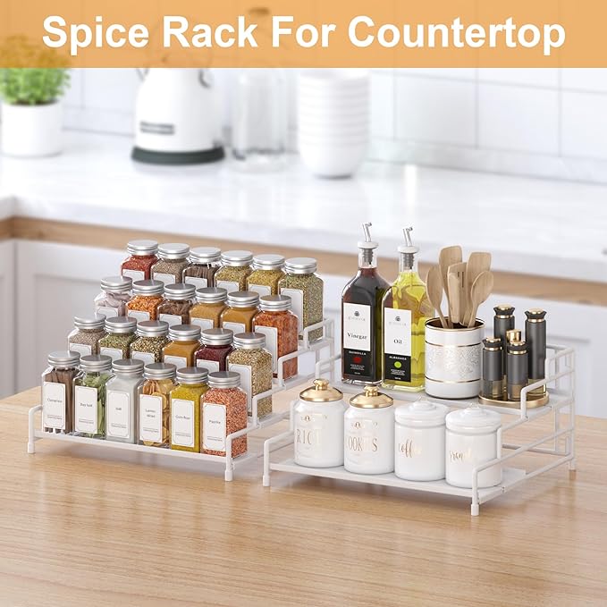 RUILALIFE 4-Tier-Spice-Rack-Organizer-for-Cabinet, Adjustable Depth Spice Holder Shelf For Countertop Pantry Cupboard, Metal Tiered Seasoning Organizer,Display Shelf Riser