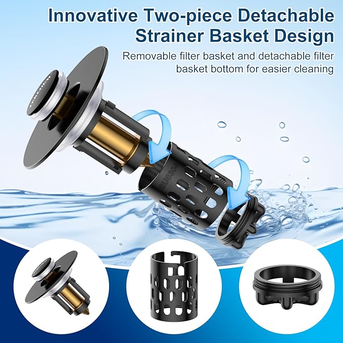 Bathroom Sink Drain Strainer,All Metal Pop-Up Sink Stopper with Removable Stainless Steel Filter Basket, Universal Bathroom Hair Catcher Fit for 1.1-2.36'' Drain (Black, 2 Pack)