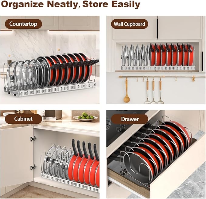 Housolution 2 Pack Pot and Pan Organizer, 12"-23" Expandable Pot Lid Organizer with 14 Adjustable Dividers, Pan Lid Holder Storage Rack for Cabinet, Silver