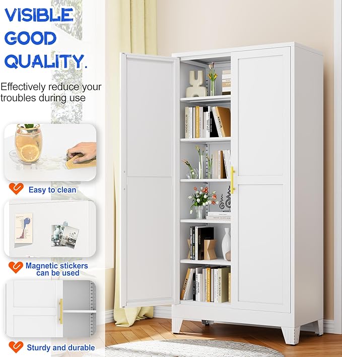 GAIOUS 75.2" Tall Metal Storage Cabinet with 2 Doors and 5 Adjustable Shelves, New upgrade Kitchen Pantry Cabinet, White Freestanding Cupboard, 6 Tier Steel Storage for Office, Kitchen, Dining, Garage