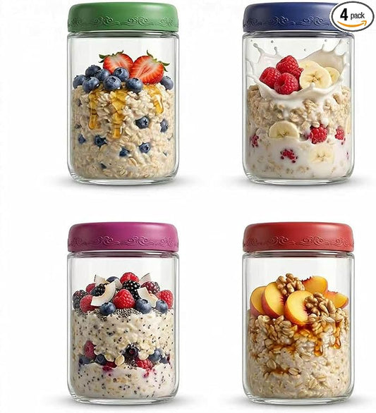 18 OZ 4Pack, Overnight Oats Jars with Lids, Glass Meal Prep Containers, Airtight Mason Jars for Breakfast, Yogurt Parfait, Salad & Smoothies, Leakproof and Reusable Food Storage Jars(4-1)