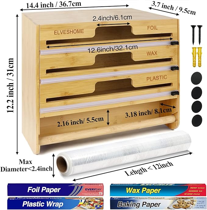 5 in 1 Foil and Plastic Wrap Organizer with Cutter, Plastic Wrap Food Dispenser with Paper Towel Holder for 12 inch Roll Wax Paper Parchment, Wall Mount Aluminum Foil Dispenser for Kitchen Storage