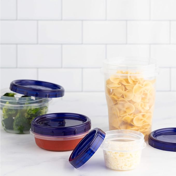 PLASTICPRO [4 oz 12 Pack] Twist Top Deli Containers Clear bottom With blue Top Twist on Lids Reusable, Stackable, Food Storage Freezer Container