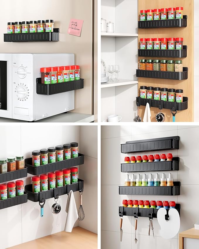 Nieifi Spice Rack Wall Mount, 4 Pack, Black, Screw or Adhesive Installation, Spice Rack Organizer for Small Spice Jars, Suitable for Kitchen Cabinet or Pantry Door