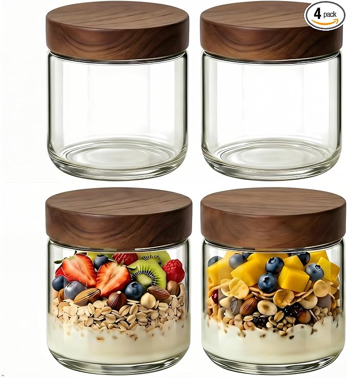 8oz 4 Pack Overnight Oats Containers with Lids, Glass Mason Jars with Acacia Wood Airtight Lids, Wide Mouth Meal Prep Storage Jars for Oats, Chia Pudding, Salad, Parfait, Snacks, Spice