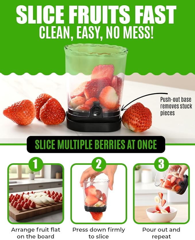 All-in-One French Fry Cutter for Potatoes and Strawberry Slicer – 4 Blade Fruit & Vegetable Slicer, Premium Chopper with Wedge, Garnish, and Strawberry Cutter Cup