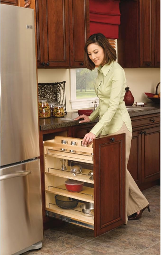 Rev-A-Shelf Maple Pullout Organizer for Full Height Base Cabinets, Full Extension Slides & Adjustable Shelves, Min Opening Width of 11.5",448-BC-11C
