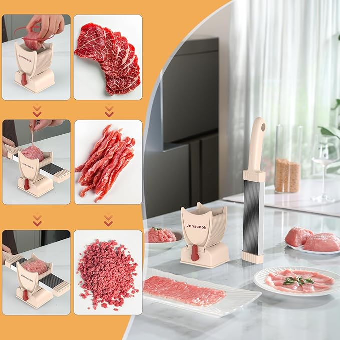 Fresh Meat Slicer, Manual Fresh Meat Cutter, Meal Prep Ideas, Adjustable Thickness 2mm or 4mm, 17 Blades get 18 Meat Slices, Meat Cleavers can be Sliced, Striped, Diced -Pink