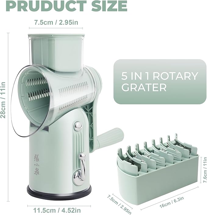 Rotary Cheese Grater Manual Hand Crank with 5 Blades & Suction Base, Kitchen Vegetable Shredder Slicer for Veggie, Nuts, Fruit, Green