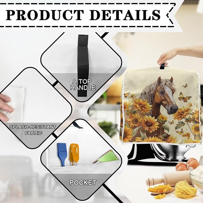 Sunflower Horse Mixer Cover | Foldable & Portable Dust Protector with Carrying Handles | Compatible with 6-8 Quart Stand Mixers, Coffee Makers & Juicers