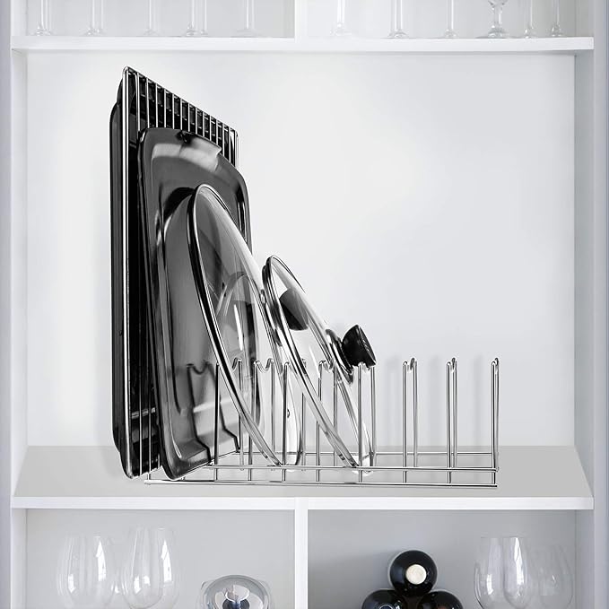 Pot Lid Organizer, Stainless Steel Pot Lid Storage Rack Holder, Cutting Board, Bakeware, Pots & Pans, Serving Trays, Reusable Containers in Cabinet Pantry on Countertop(Satin Nickel, 2)