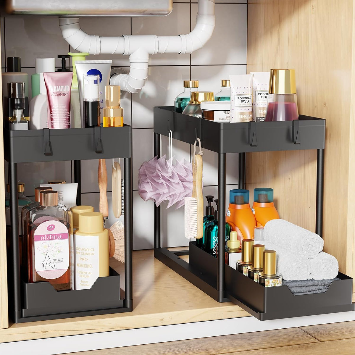 Under Sink Organizer 2 Pack, Sink Pull-Out Sliding Storage Cabinet, 2-Tier Under Shelf Organizer for Kitchen Bathroom, Black