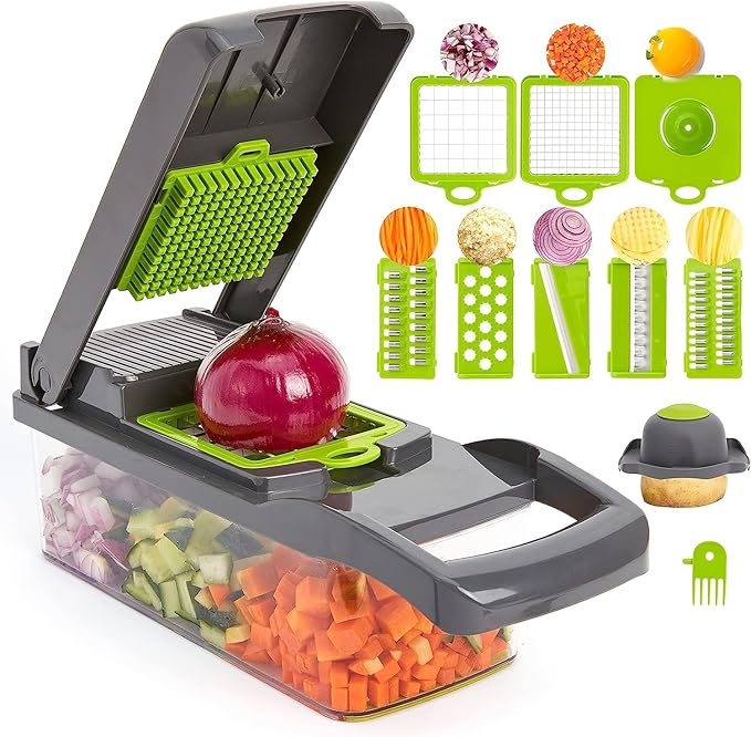 Vegetable Chopper and Slicer Set, 14 Pieces, Multi-Function Kitchen Mandoline with Interchangeable Blades, 13.2 x 4.9 x 3.9 inches, Gray/Green