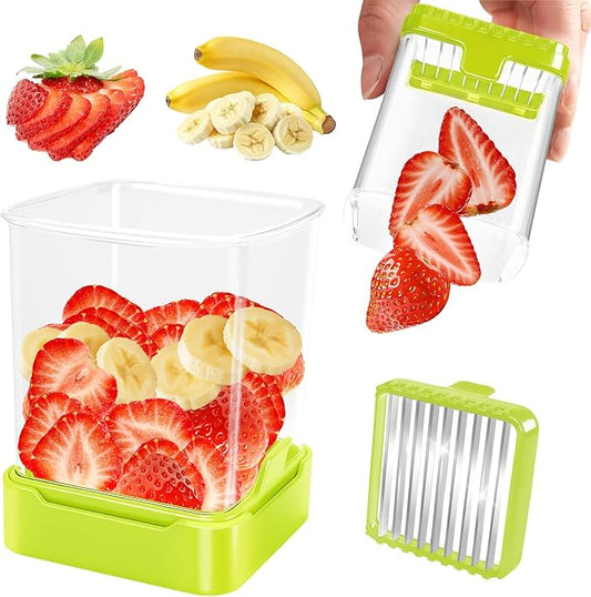 Fruit Slicer Cup for Strawberry, Banana, Hard-Boiled Egg - Detachable Cutter with Push Plate - Rapid & Safe Slicing Kitchen Gadget for Quick Meal Prep (Food green)