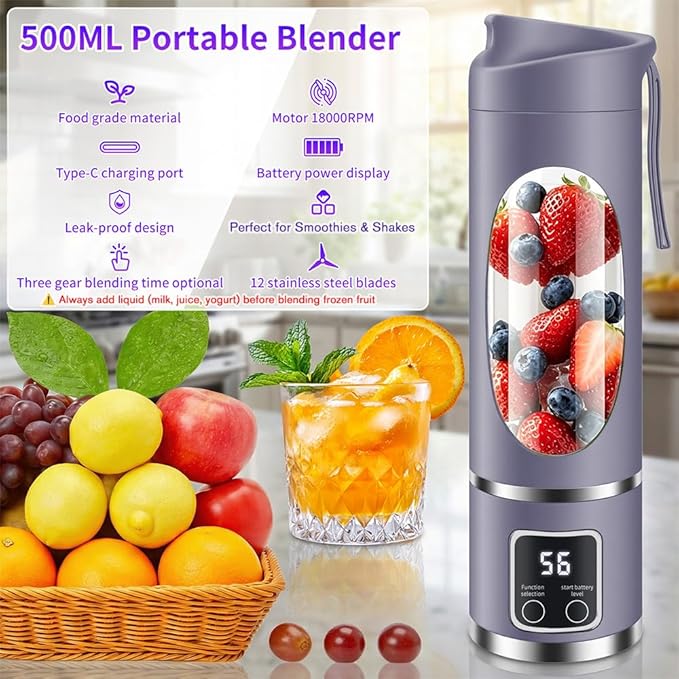 Portable Personal Blender, 500ML Cordless Compact Travel Juicer for Shakes & Smoothies, Small Blenders with Smart time display, Self-cleaning, BPA Free Cup & Lid, 12 blades, USB-C Rechargeable Purple