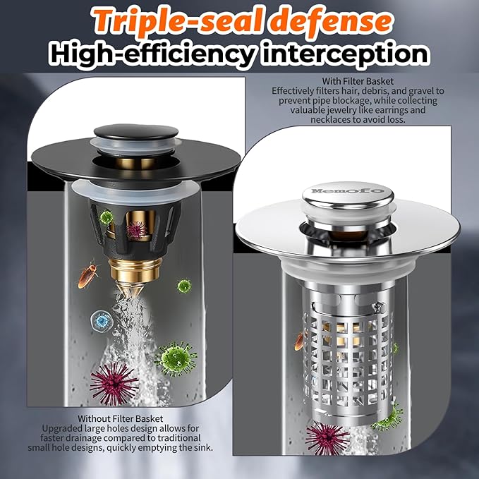 Bathroom Sink Stopper, Stainless Steel Pop-up Sink Stopper Hair Catcher with Removable Basket (2PCS)
