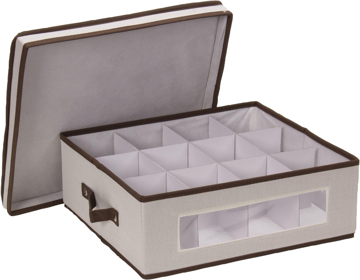 538 Vision China Storage Box for Tea Cups and Mugs with Lid and Handles | Natural Canvas with Brown Trim