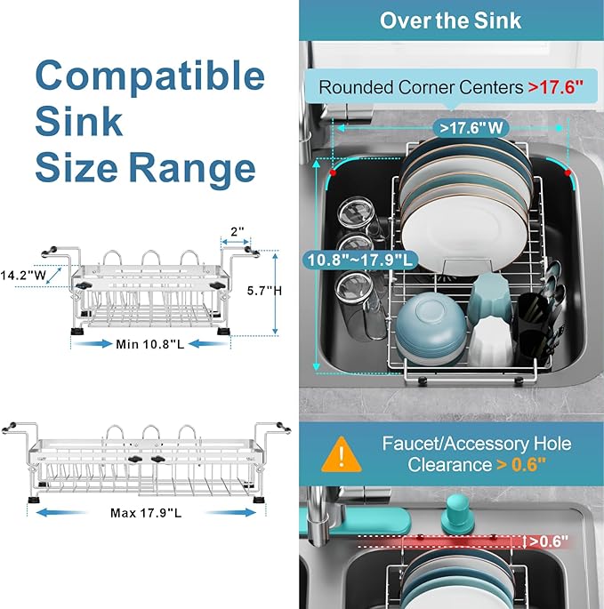 GSlife Expandable Over the Sink Dish Drying Rack with Cup Holder - Stainless Steel Dish Drainer with Locking Knob, Size Adjustable Dryer Strainer for Kitchen, Fit Sink 10.8"-17.9" L, Silver