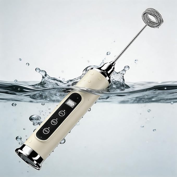 YUSWKO Beige Milk Frother Wand for Coffee, Handheld Coffee Frother, Rechargeable Drink Mixer, Waterproof Electric Whisk