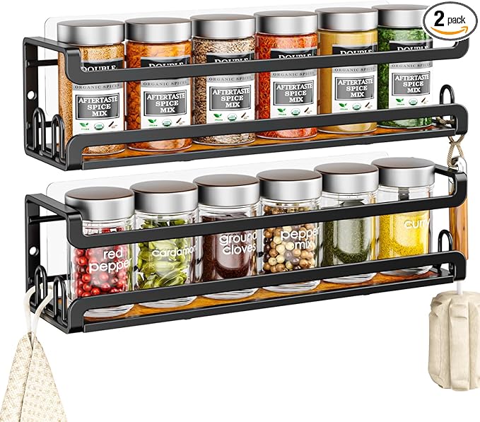 Doakhirmit Wall Mounted Spice Rack with 16 Hooks, Rustic Wood Spice Organizer Shelf for Stove Cabinet Pantry Door,Screw or Adhesive Hanging Spice Shelf,Wall Spice Rack in Kitchen and RV,2 Pack