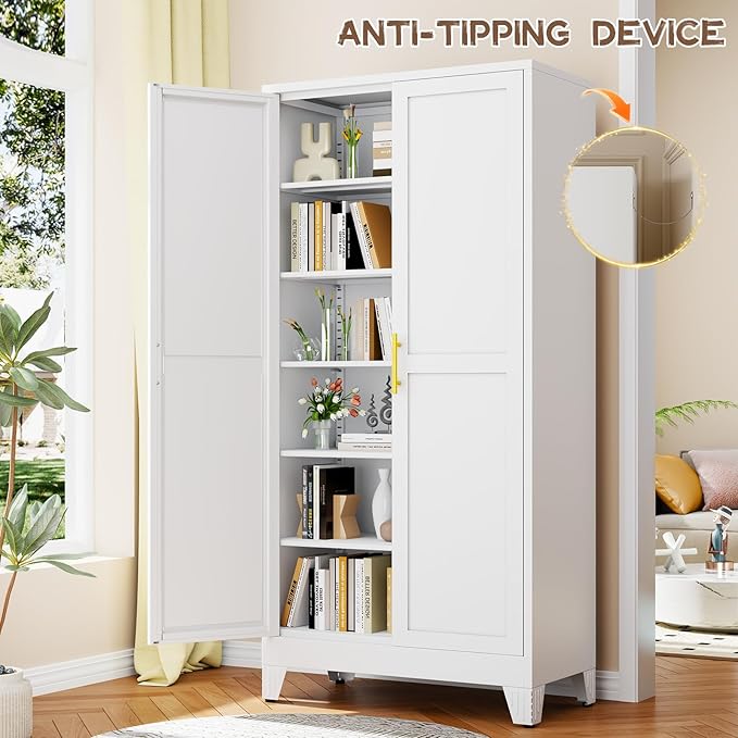 winiowa Tall Metal Kitchen Pantry Storage Cabinet with 2 Doors and 5 Adjustable Shelves - 75.2" Kitchen Cabinet with Gold Handles for Kitchen, Bathroom, Dining Room, Living Room - White