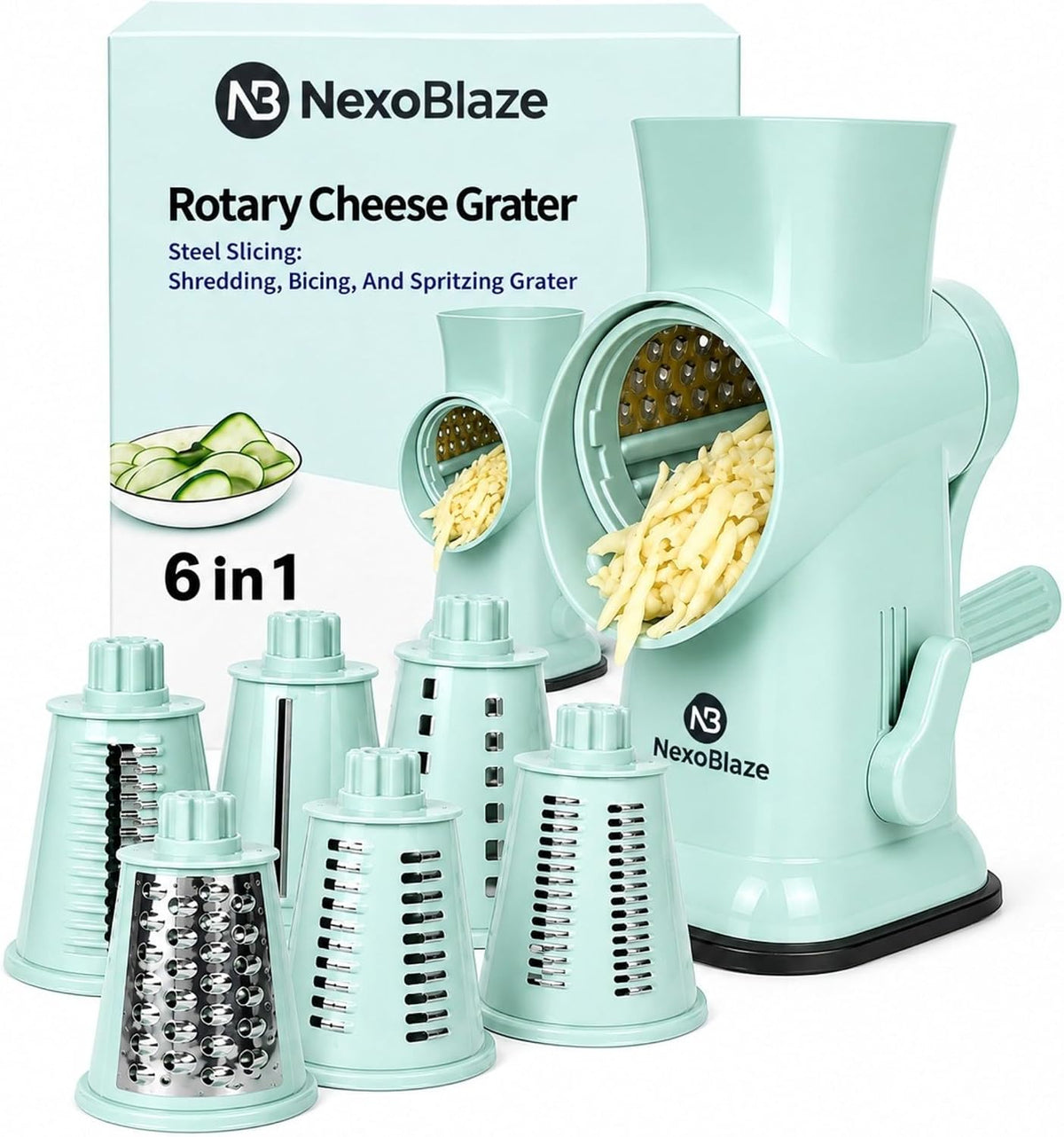 Rotary Cheese Grater with Hand Crank – 6-in-1 Cheese Shredder, 6 Stainless Steel Blades, Reinforced Suction Base, Grater for Cheese, Vegetables, Nuts