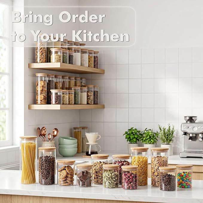 6-Pack 1Qt Round Glass Storage Jars with Bamboo Lids, Pantry Storage Containers for Neat Organization, Ideal for Minimalist Kitchen Organizer, Nut, Coffee Beans, Oats, Cookie, Candy, Tea