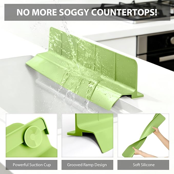 23Inch Sink Splash Guard – Extended Length & Tall Silicone Kitchen Sink Splash Guard with Overhang Drainage Design & Strong Suction Cups for Countertop (Green, 23''x3.5'')