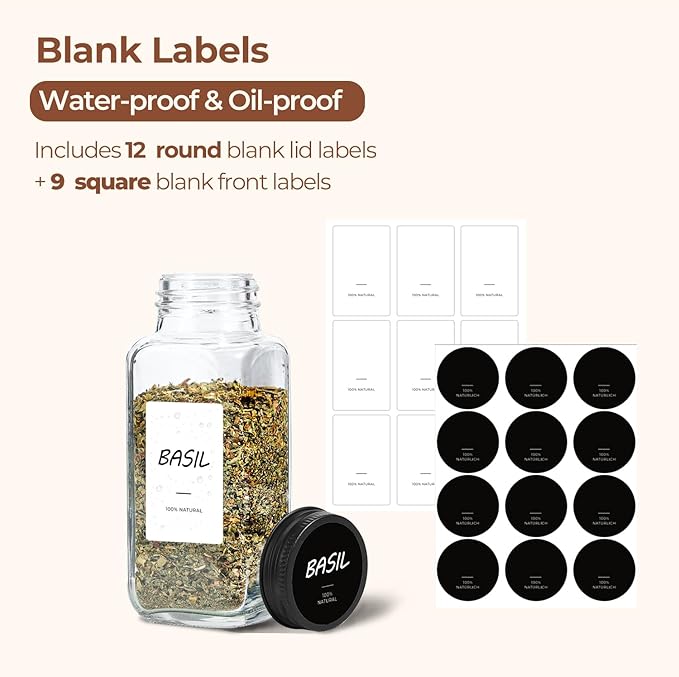 ComSaf Large Spice Jars, 6Pcs 8 oz glass spice bottle with lids, Empty Spice Containers and Square Spice Bottles, Trial Set & Supplement Set for Kitchen and Seasoning