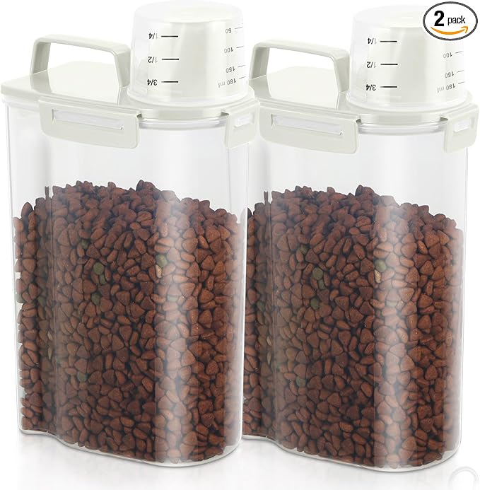 TBMAXS 2 Pack 3 Lbs Dog Cat Food Storage Containers for Travel, Portable Pet Food Storage Container, Easy-Pouring Bird Seed Dispenser, Airtight Rice Cereal Oatmeal Flour Holder -Beige