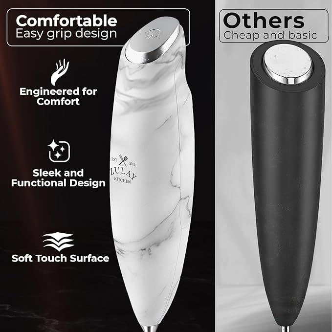 Zulay Kitchen Powerful Milk Frother Wand With Duracell Batteries - Ultra Fast Handheld Drink Mixer - Electric Whisk Foam Maker for Coffee, Lattes, Cappuccino & Matcha - Triple Whisk - Onyx Marble
