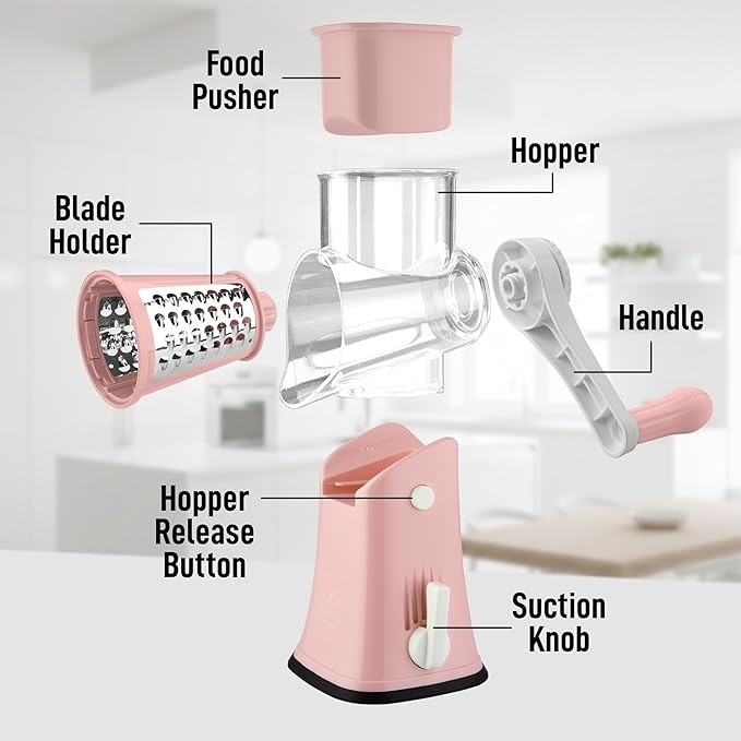 Zulay Kitchen Rotary Cheese Grater 5 Blade Cheese Shredder - Manual Hand Crank Cheese Grater With Reinforced Suction & 5 Interchangeable Drums - Easy to Use, Vegetable Chopper Round Mandoline Slicer