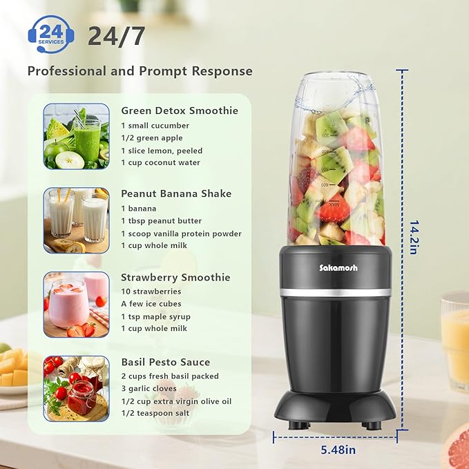 SAKAMOSH 1200W Personal Blender for Shakes and Smoothies, 12-Piece Portable Blender Combo with 6-Fin Blades, 2 To-Go Cups for Juices, Frozen Drinks, Baby Food & More