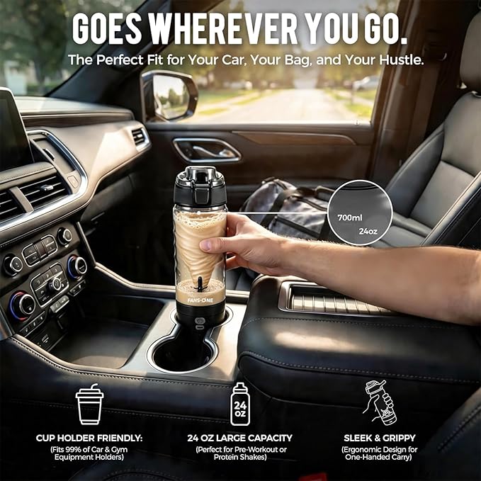 FANS-ONE Electric Protein Shaker Bottle – No Clumps, Smooth Every Time |USB-C Rechargeable Vortex Mixer | Leakproof Double-Lock Lid| 24oz BPA-Free Tritan| Blender For Protein Shakes & Meal Replacement