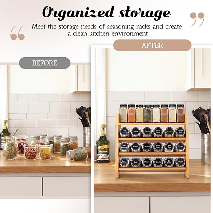 Gerrii 4 Tier Bamboo Spice Rack Organizer for Cabinet Wall Mounted, Large Capacity Spice Shelf for 28 Jars, Farmhouse Kitchen Aesthetic, Natural Bamboo Seasoning Shelf, Kitchen Countertop Space Saving