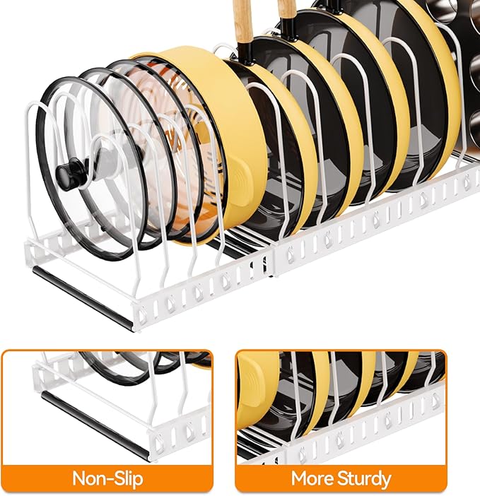 Pot and Pan Organizer Rack for Cabinet, 3 Expandable Pot Lid Organizer Holder with 12 Adjustable Compartment for Kitchen Cutting Board, Pan Lid, Bakeware, White