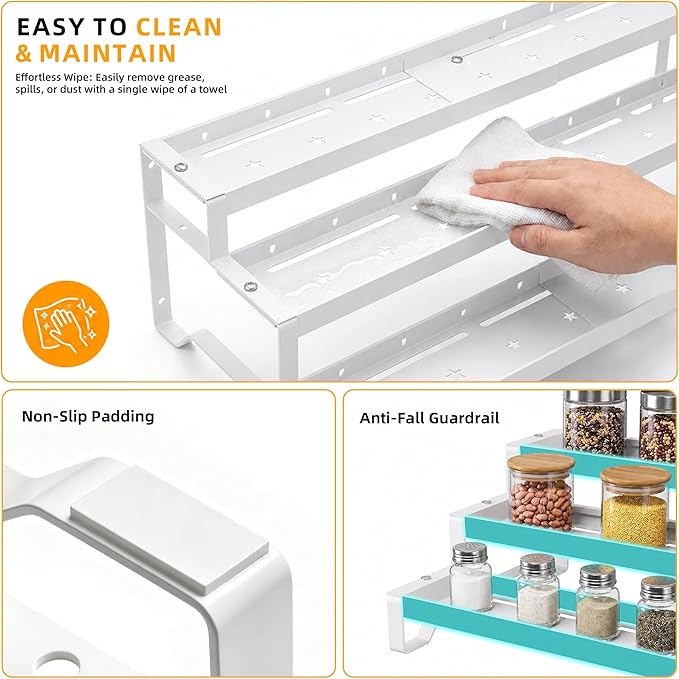 3-Tier Spice Rack Organizer, 13"-21.5" Expandable Spice Organization Shelf, Metal Seasoning Organizer for Kitchen Countertop or Pantry, Slip-Resistant Design for Jars and Bottles, White