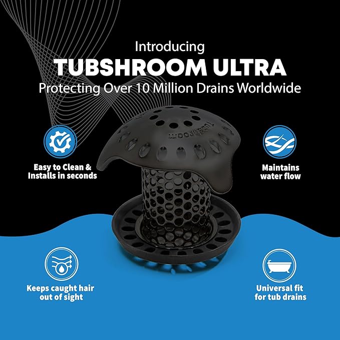 TubShroom Ultra Stainless Steel Drain Protector, Hair Catcher Strainer for Bathroom Tub and Shower, Matte Black, 1-Pack