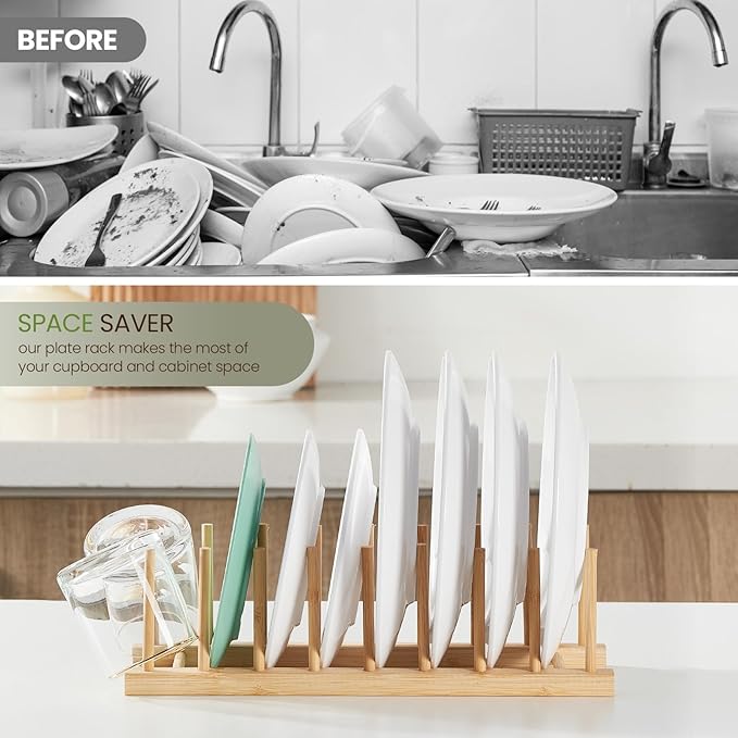 NOVAYEAH Bamboo Wooden Dish Rack-Plate Pot Lid Cutting Board Organizer Holder Rack for Cabinet-Kitchen Cabinet Organizer for Dish, Pots, Lids, Bowls, Bottles, Books, and Puzzle