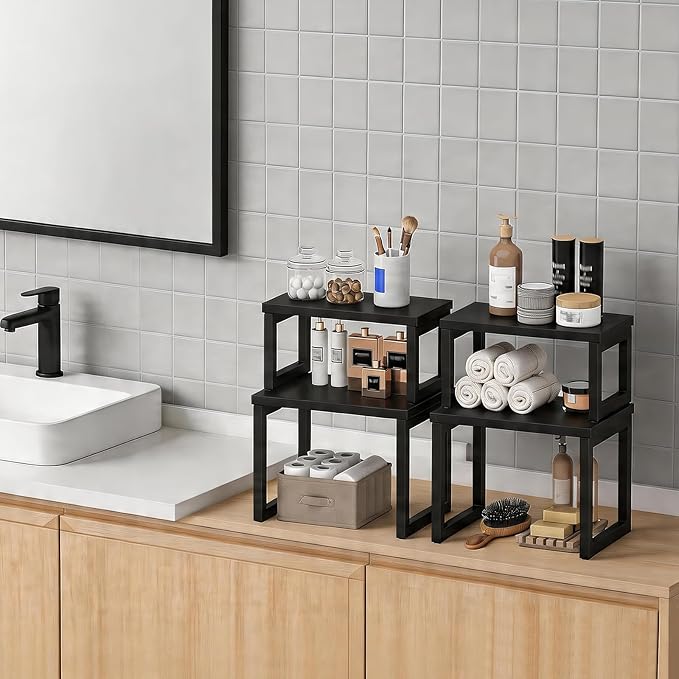 HOOBRO Cabinet Organizer Shelf, Set of 4 Kitchen Counter Shelves, Expandable Kitchen Storage, Stackable Spice Rack, for Kitchen, Countertop, Office Desk, Living Room, Black BK20TLP201
