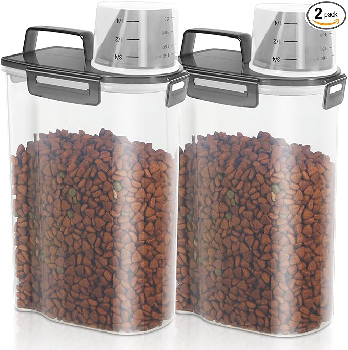 TBMAXS 2 Pack 3 Lbs Dog Cat Food Storage Containers for Travel, Portable Pet Food Storage Container, Easy-Pouring Bird Seed Dispenser, Airtight Rice Cereal Oatmeal Flour Holder -Translucent Grey