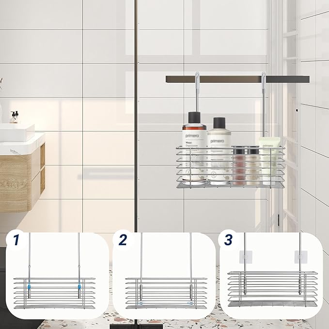 Antrader Hanging Shower Rack,Shower Caddy Hanging,Hung on the Faucet or the Door,the Back Hook Can be Rotated,No Drilling,304 Stainless Steel,Single Layer Shelf