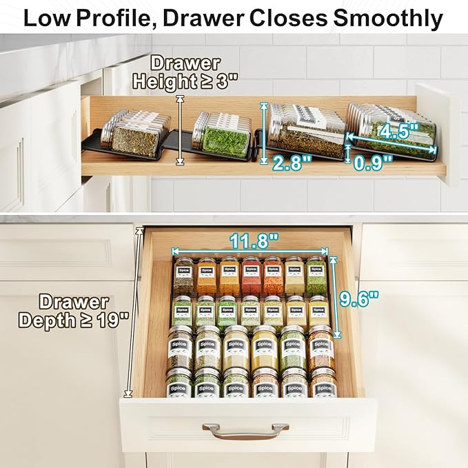 iSPECLE 4 Pack Spice Drawer Organizer, 2-Tier Low Profile Spice Rack Insert for Kitchen Drawers, Fits 15"–30" Wide Drawers, Keeps Labels Visible, No Slip No Rattle, Oil-Resistant Carbon Steel, Black