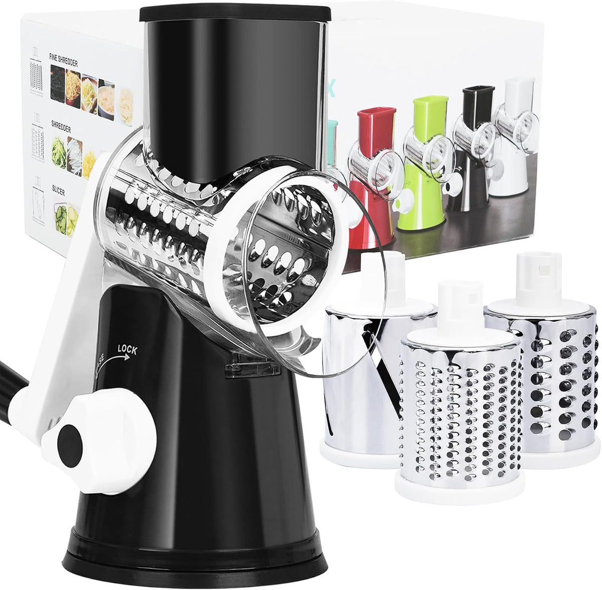 Cheese Grater Hand Crank Rotary, 3 Blades with Strong Suction Base
