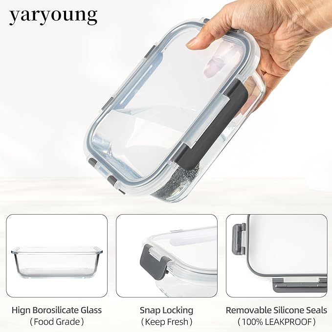 16PCS (8 Bowls + 8 Lids) High Borosilicate Glass Meal Prep Containers, Food Storage Containers with Airtight Lids, Glass Lunch Bento Boxes,Dishwasher Safe, grey