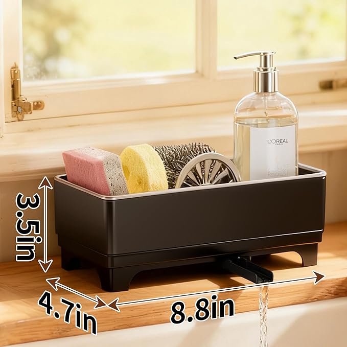 MOUKABAL Sponge Holder for Kitchen Sink – Rustproof Stainless Steel, 360° Rotating Drain Pipe, Large Counter Organizer with Drip Tray for Sponges, Brushes & Dish Cloths Black