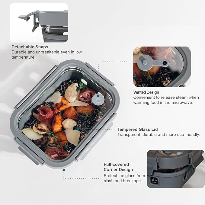 GENICOOK Glass Meal Prep Containers 5-Pack With Glass Lids & Steam Vent, 35 Oz / 4.4 Cups Leakproof Airtight Food Storage Containers, Borosilicate Glass, Microwave And Dishwasher Safe, Bpa-Free